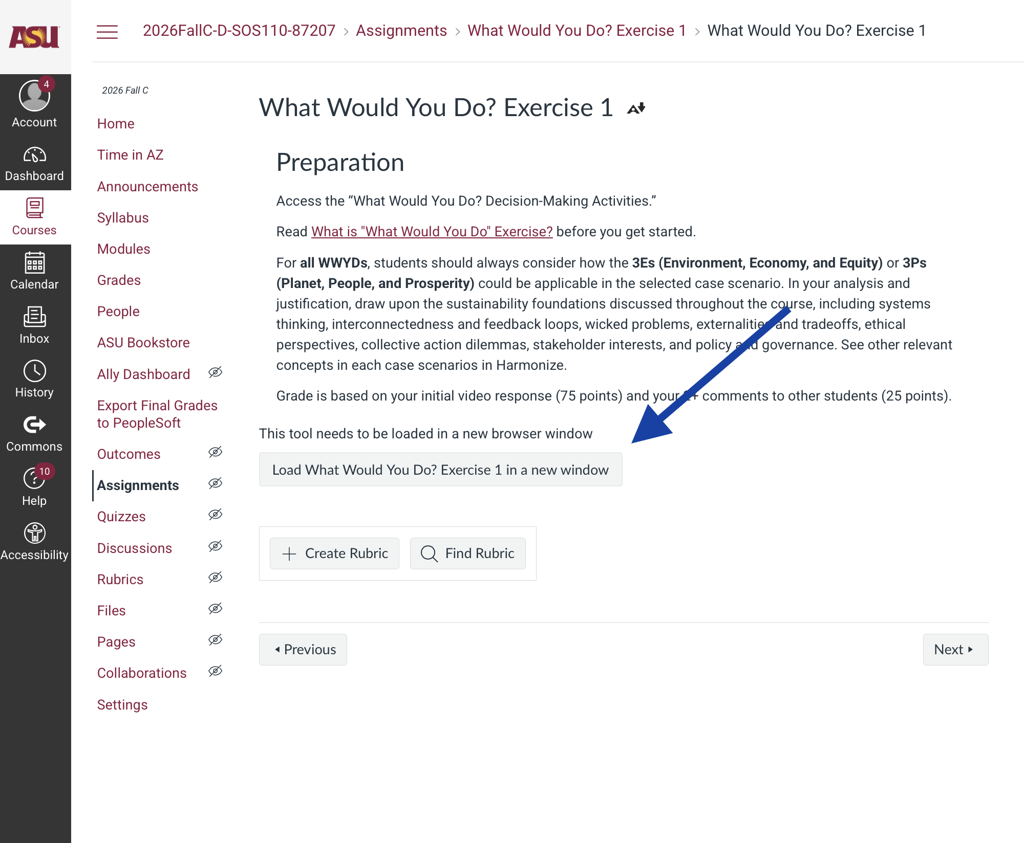The What Would You Do? Exercise 1 assignment page, with an arrow pointing to the button that loads it in a new window