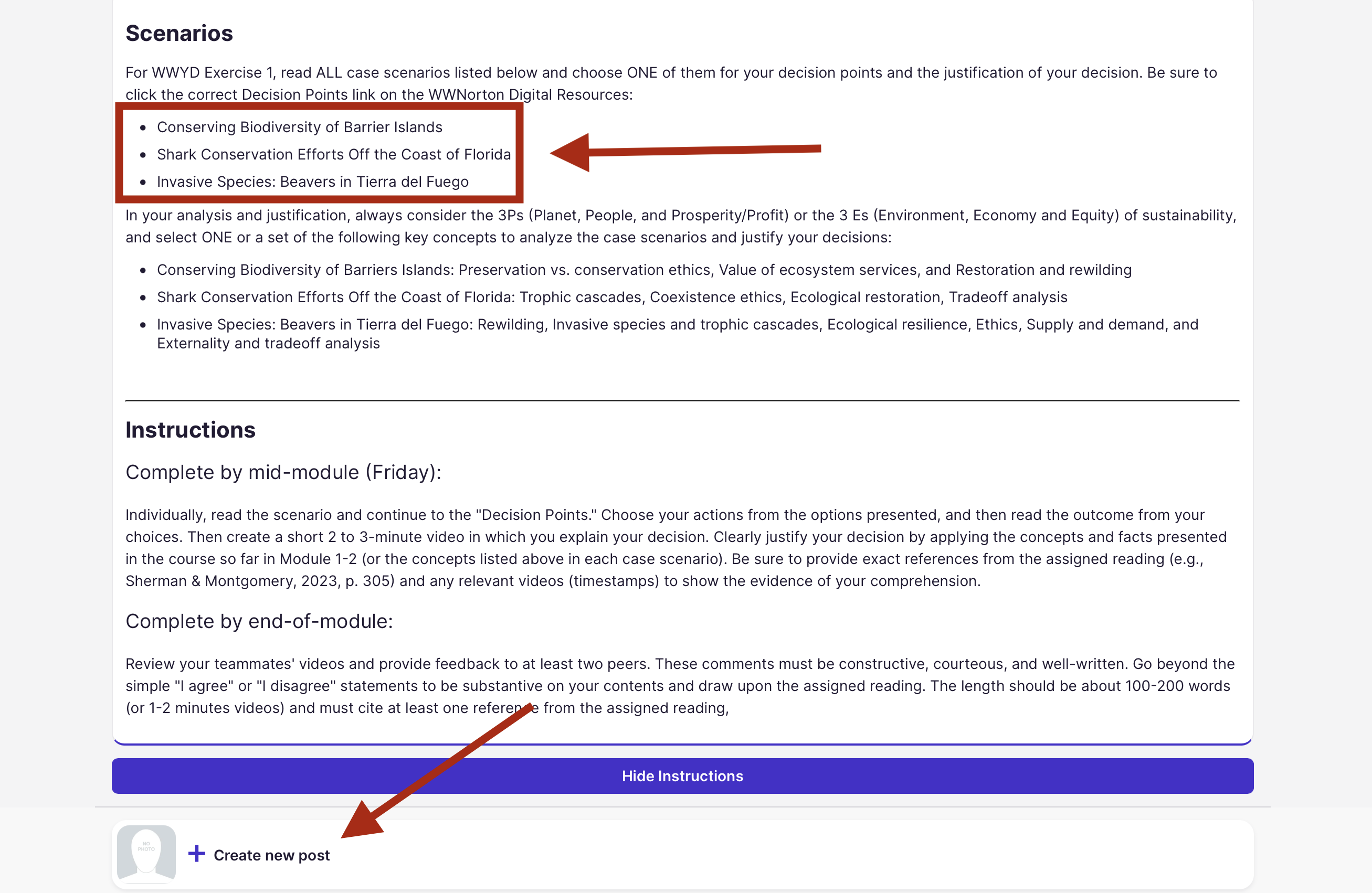 The Harmonize instructions listing the three scenarios, with arrows pointing to the scenario list and to Create new post