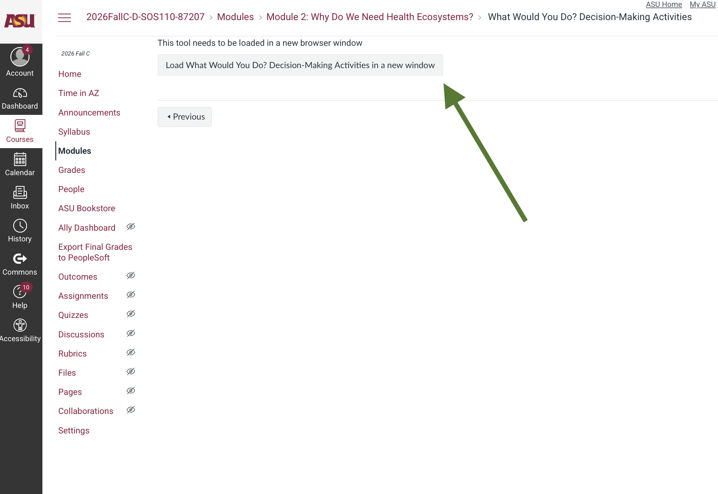 The What Would You Do? Decision-Making Activities page, with an arrow pointing to the button that loads it in a new window