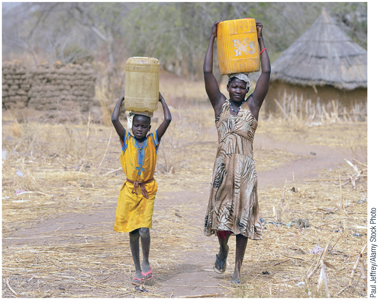 A woman and a girl walk a dirt path carrying full yellow water containers on their heads. Photo: Paul Jeffrey/Alamy Stock Photo.