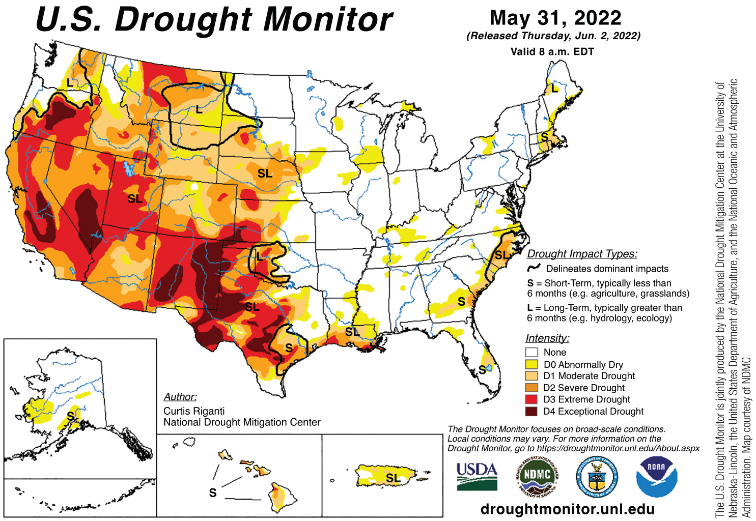 U.S. Drought Monitor map for May 31, 2022: extreme and exceptional drought across much of the Southwest, including Arizona, New Mexico and California. National Drought Mitigation Center, USDA and NOAA.